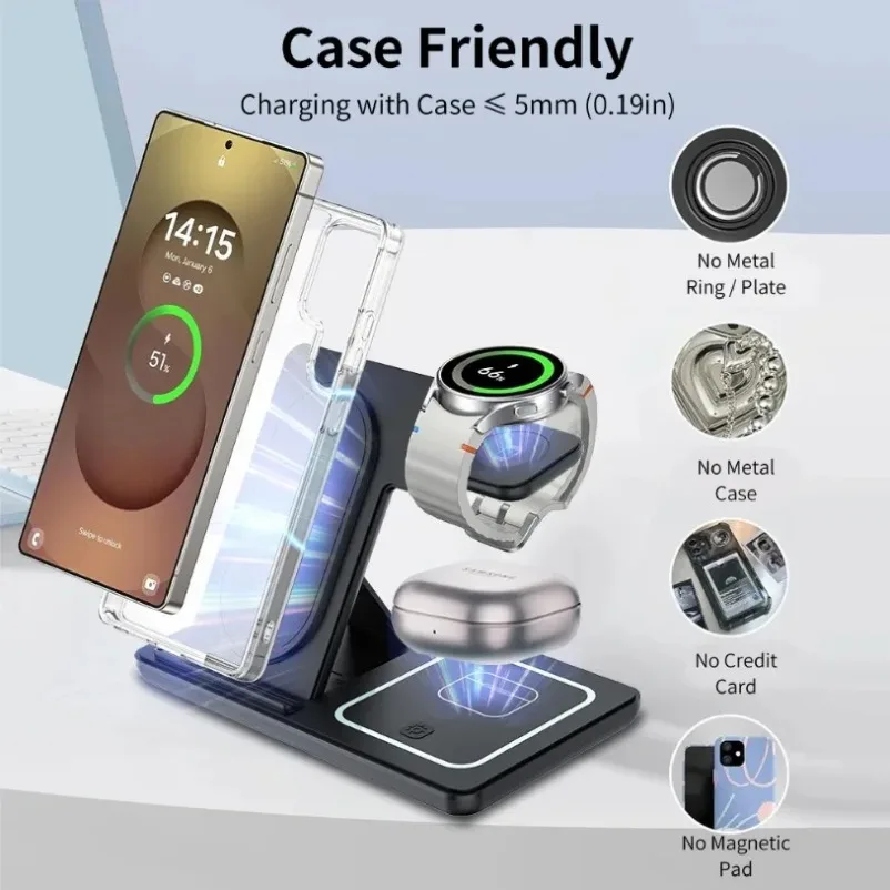 Auriculares 3 en 1, cargador inalámbrico, soporte de escritorio para Samsung S24 S23 Galaxy Watch 2-8 Active 1 2 Buds Pro LED, estación de carga rápida - imagen 5