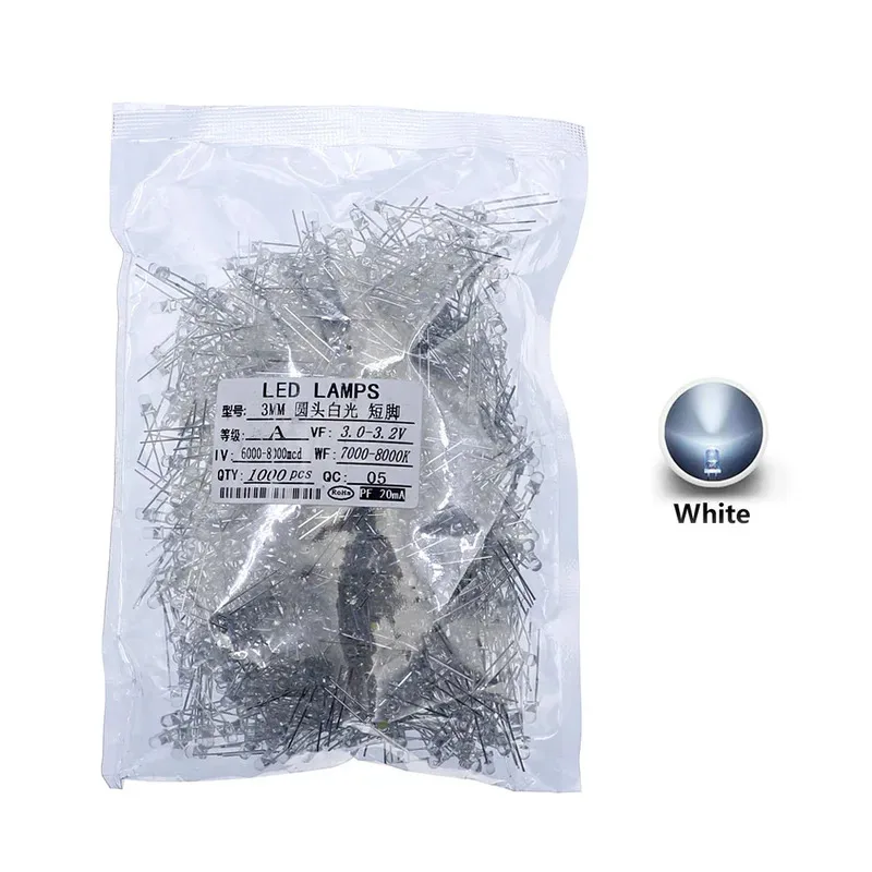 1000 unids/lote 3mm LED azul verde amarillo rojo blanco redondo LED diodo surtido kit set