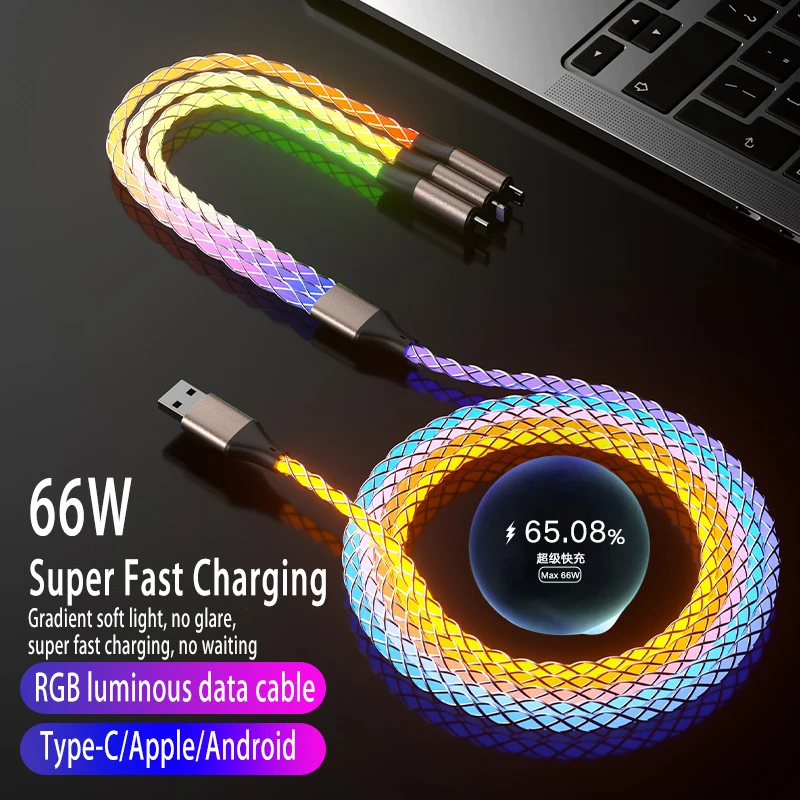 Cable de datos luminoso colorido de carga súper rápida UTHAI YO2 6A adecuado para iPhone Huawei Xiaomi One Drag tres cables de carga - imagen 2