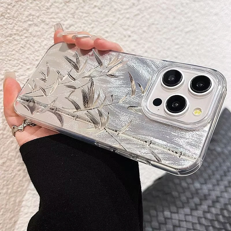 Funda de teléfono plateada brillante de bambú de lujo para iPhone 16 15 14 13 12 11 Pro Max 16E XS X XR 7 8 Plus SE2 cubierta trasera dura de hilo de plumas - imagen 4