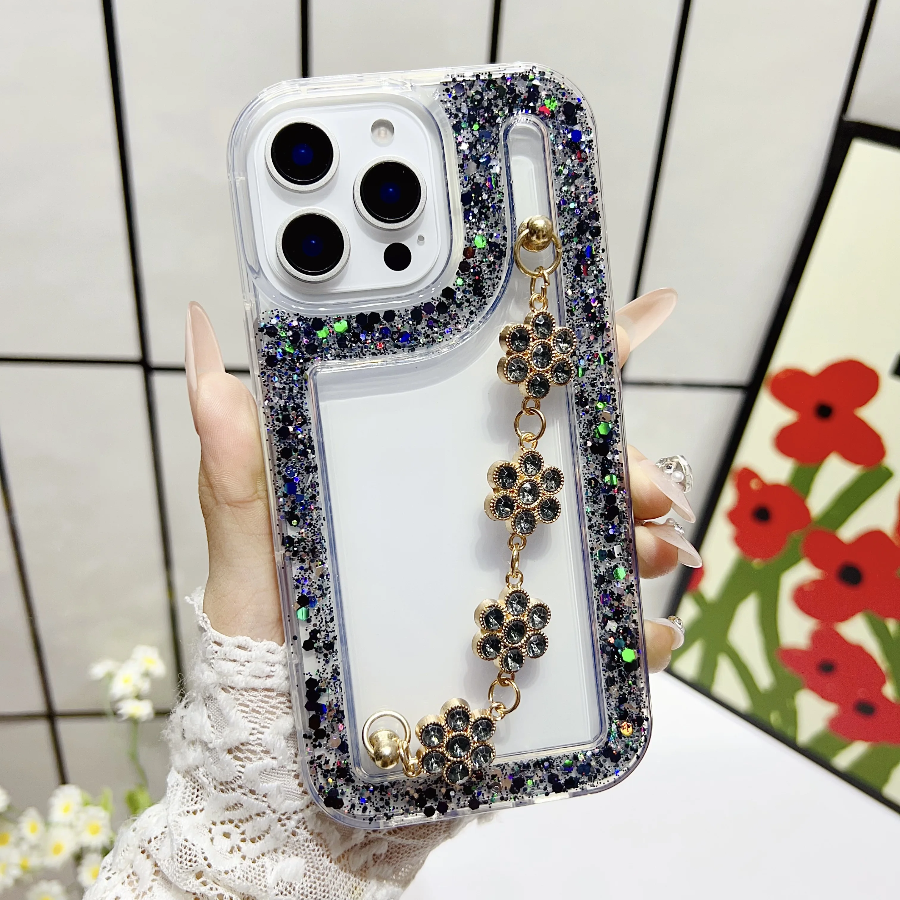 Funda de teléfono con purpurina y pulsera de flores para Samsung A54 A34 A24 A14 A04S A13 A23 A52 A12 A22 A32 A51 funda de silicona suave a prueba de golpes - imagen 4