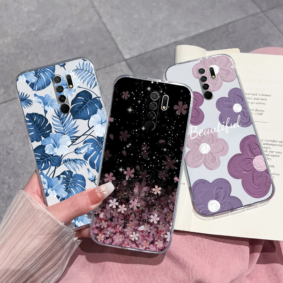 Funda de teléfono para Redmi 9 Prime, Fundas ligeras con flores simples, carcasa transparente de silicona TPU suave y delgada para Redmi9 9Prime Funda