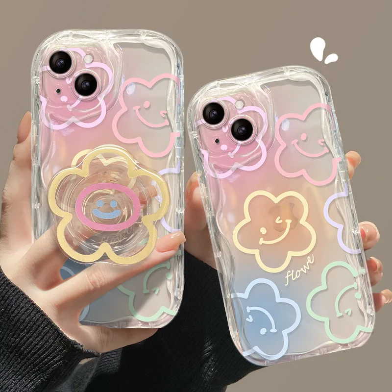 Funda de teléfono con soporte de flores y sonrisa de Color para iPhone 16 Pro Max 16E 15 Plus 11 12 13 14 SE 2022, funda transparente suave con soporte - imagen 2