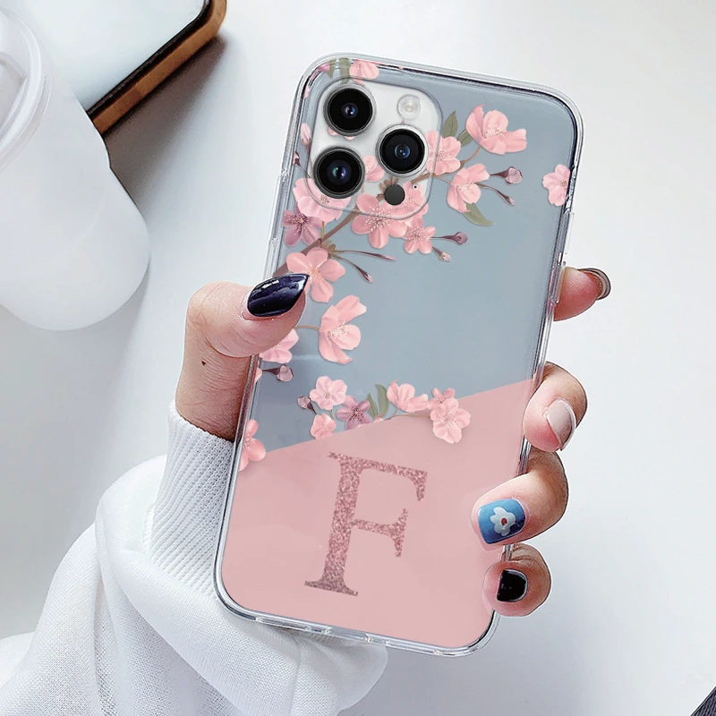 Funda con letras de flores para iphone 14 Pro Max 14 Plus Capa, Fundas transparentes de silicona suave para iphone 14 + Bolsa transparente con alfabeto - imagen 4