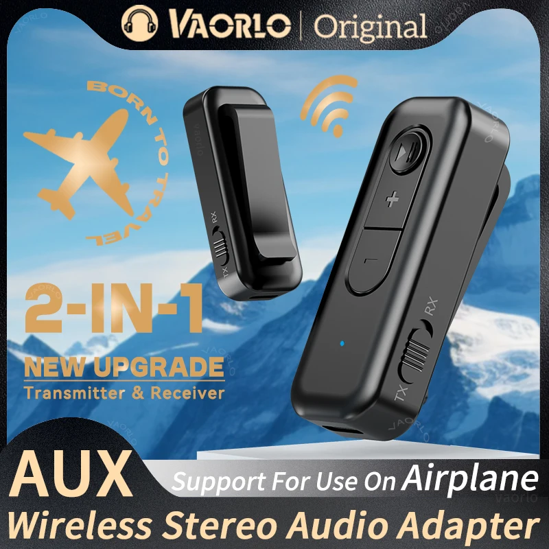 Transmisor y receptor de audio Lavalier 2 en 1 con Bluetooth 5.3, adaptador inalámbrico de música estéreo de alta fidelidad con micrófono para automóvil, avión, TV, PC, auriculares y altavoz