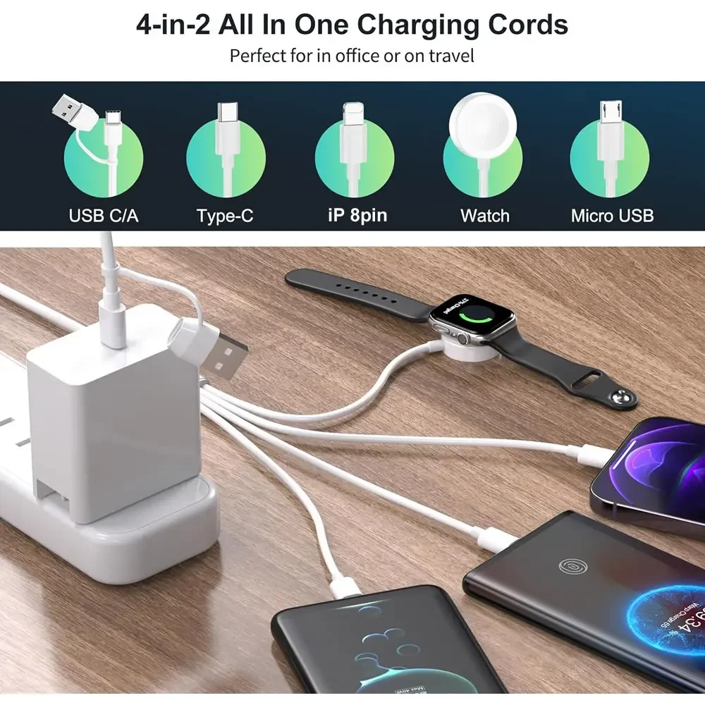Para iWatch y teléfono Cable de carga múltiple para iPhone 15 14 tipo C/carga inalámbrica Android para Apple Watch Ultra SE/9/8/7/6/5/4 - imagen 2