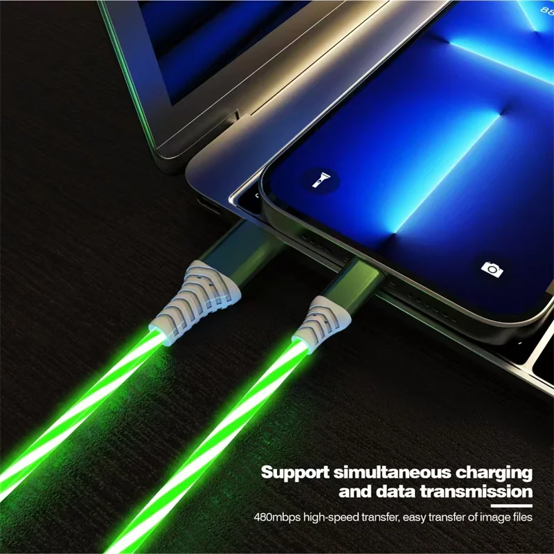 Cable USB tipo C luminoso de flujo 7A 100W para Huawei P50 3A Cable de datos de carga rápida USB C para Xiaomi Samsung iPhone 15 Pro - imagen 3
