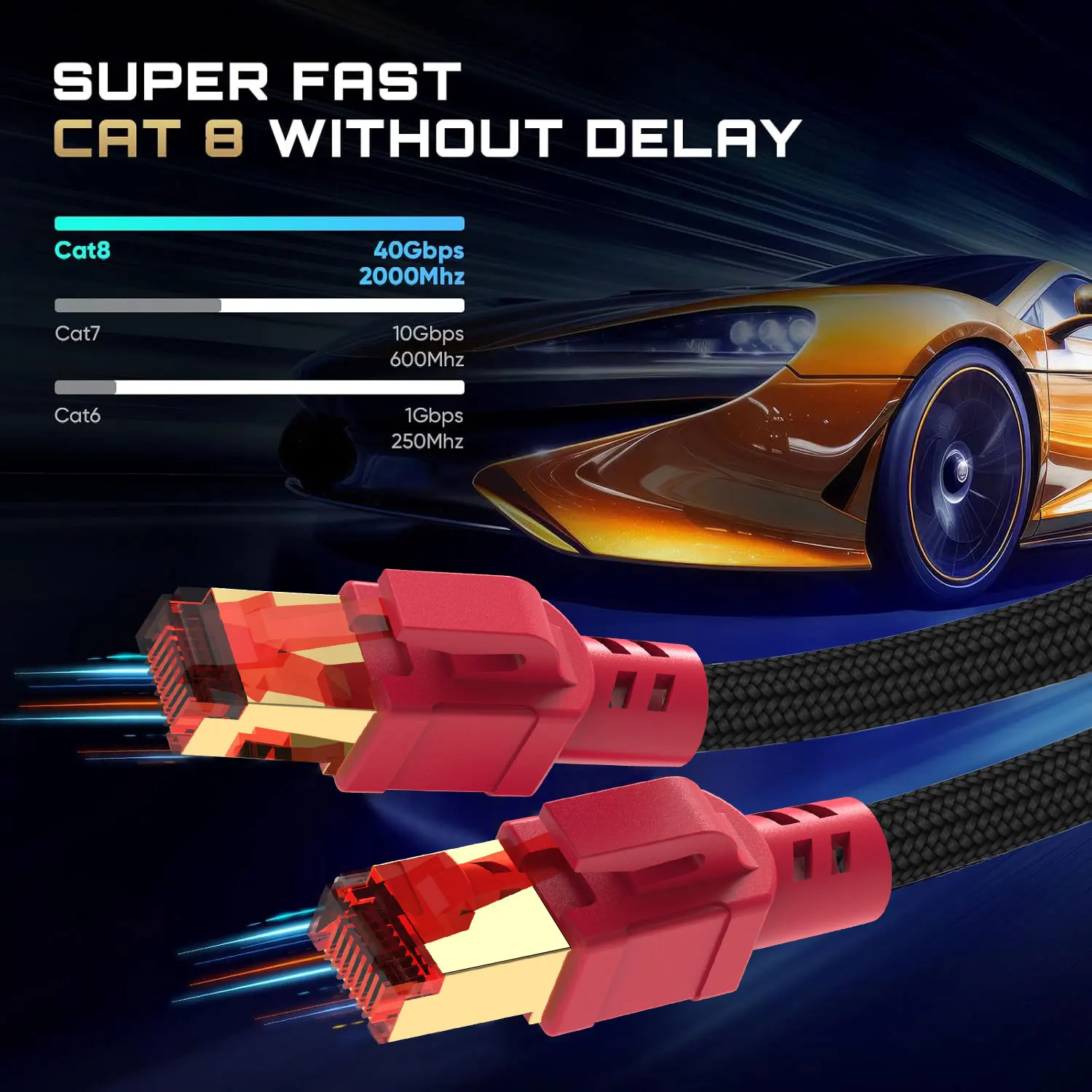 MIZIQIER-Cable Ethernet largo CAT 8, cable LAN SFTP RJ45 de nailon trenzado de 40Gbps para módem cat7 cat6, enrutador, PC para juegos PS4/5/6 Xbox - imagen 3