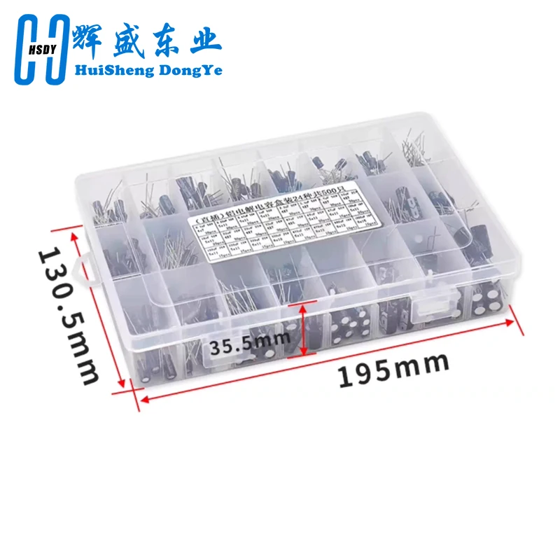 500 unids/lote 0,1 UF-1000UF 24 valores condensadores electrolíticos de aluminio 10-50 V mezcla de condensadores electrolíticos kit surtido y caja de almacenamiento - imagen 2