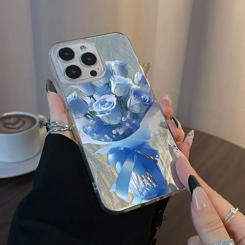 Funda de teléfono con estampado de rosas azules para IPhone 16 15 14 13 12 11 Pro Max 15 Pro XS XR 7 8 Plus 16E cubierta chapada en plata a prueba de golpes - imagen 3