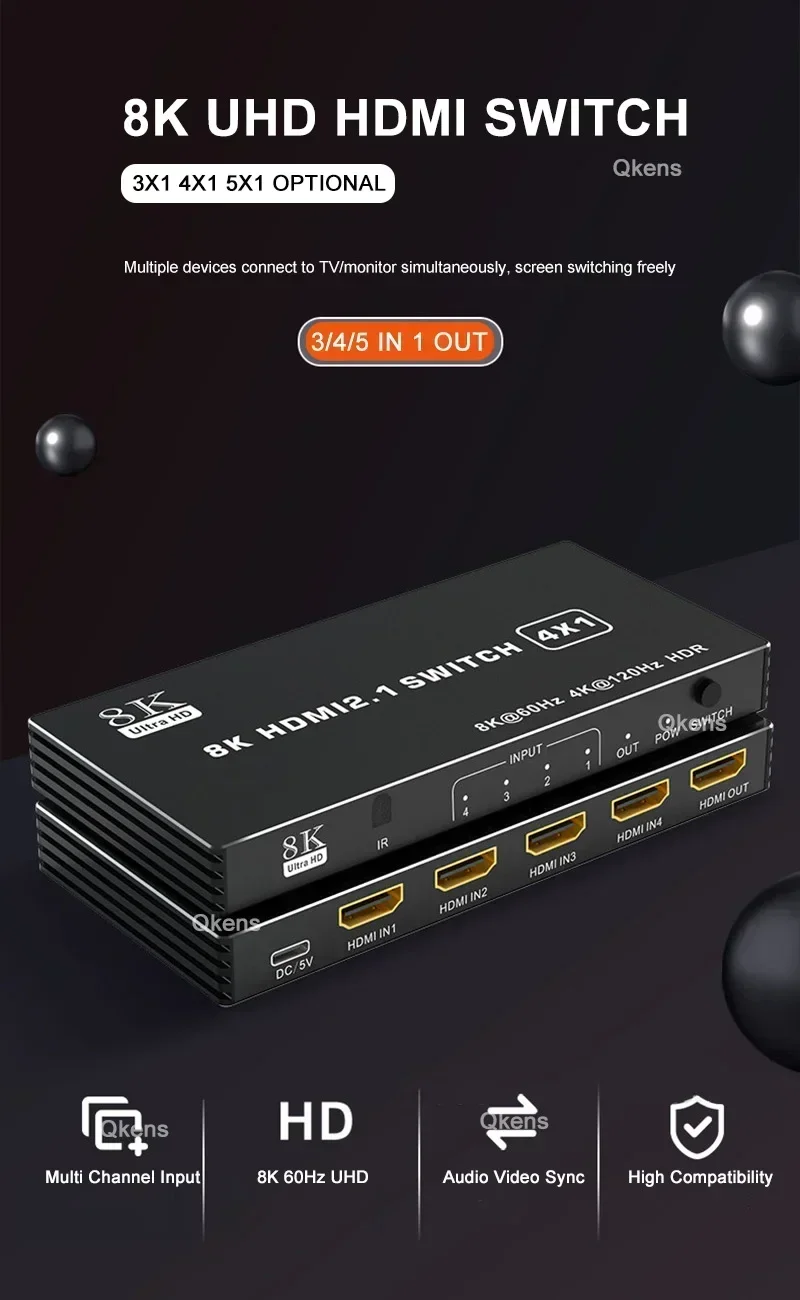 8K 60Hz HDMI 2.1 Switch 4x1 3x1 5x1 HDMI Switcher Video Converter 4K 120Hz 3 4 5 en 1 salida HDR10 3D 48Gbps para proyector Xbox PS5 - imagen 4