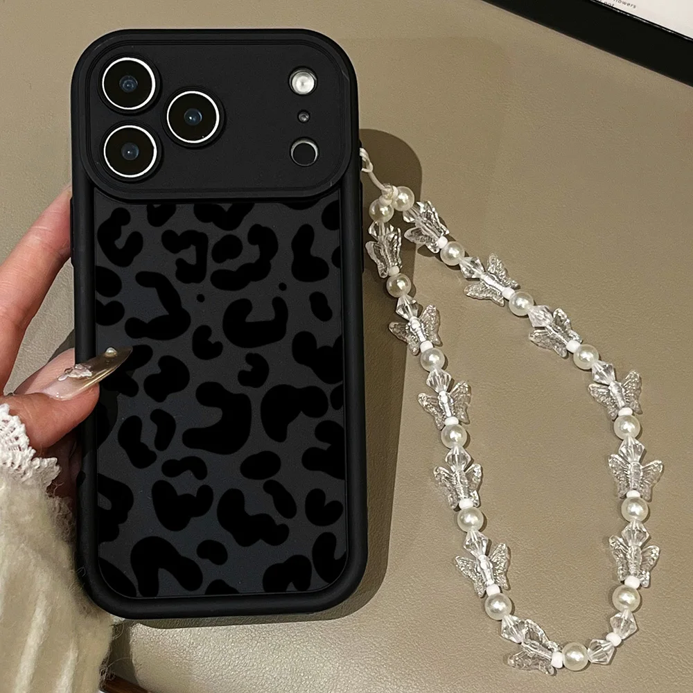 Funda de teléfono con estampado de leopardo negro para iPhone 11 12 13 14 15 16 17 Pro Max 16e 17Air X XR XS Max 7 8 Plus con cubierta con cordón - imagen 2