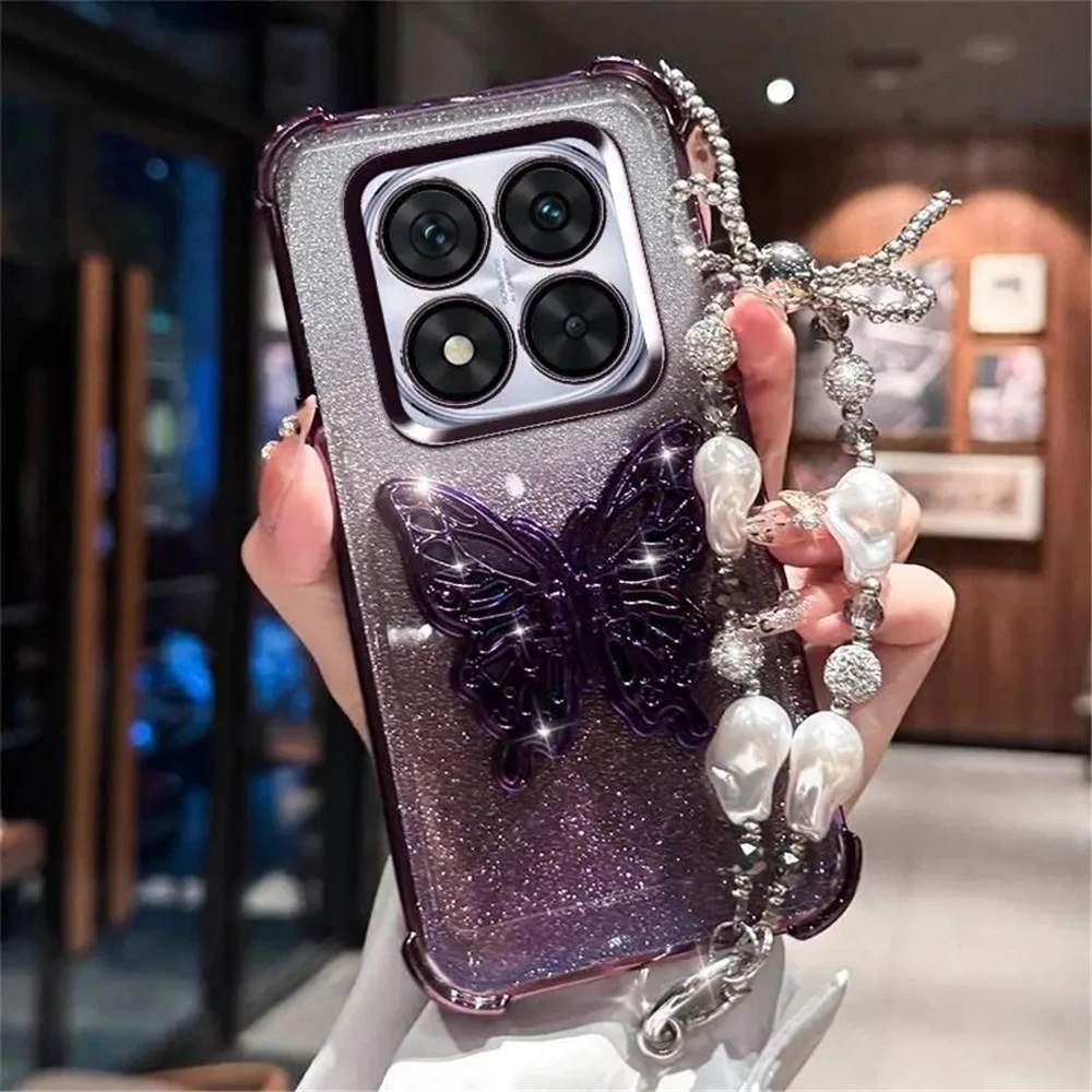 Funda de teléfono con soporte de mariposa y pulsera de perlas para Xiaomi Redmi Note 12 Pro 11S 10S 9S 12 11 10 9 Pro, funda suave a prueba de golpes con purpurina - imagen 3