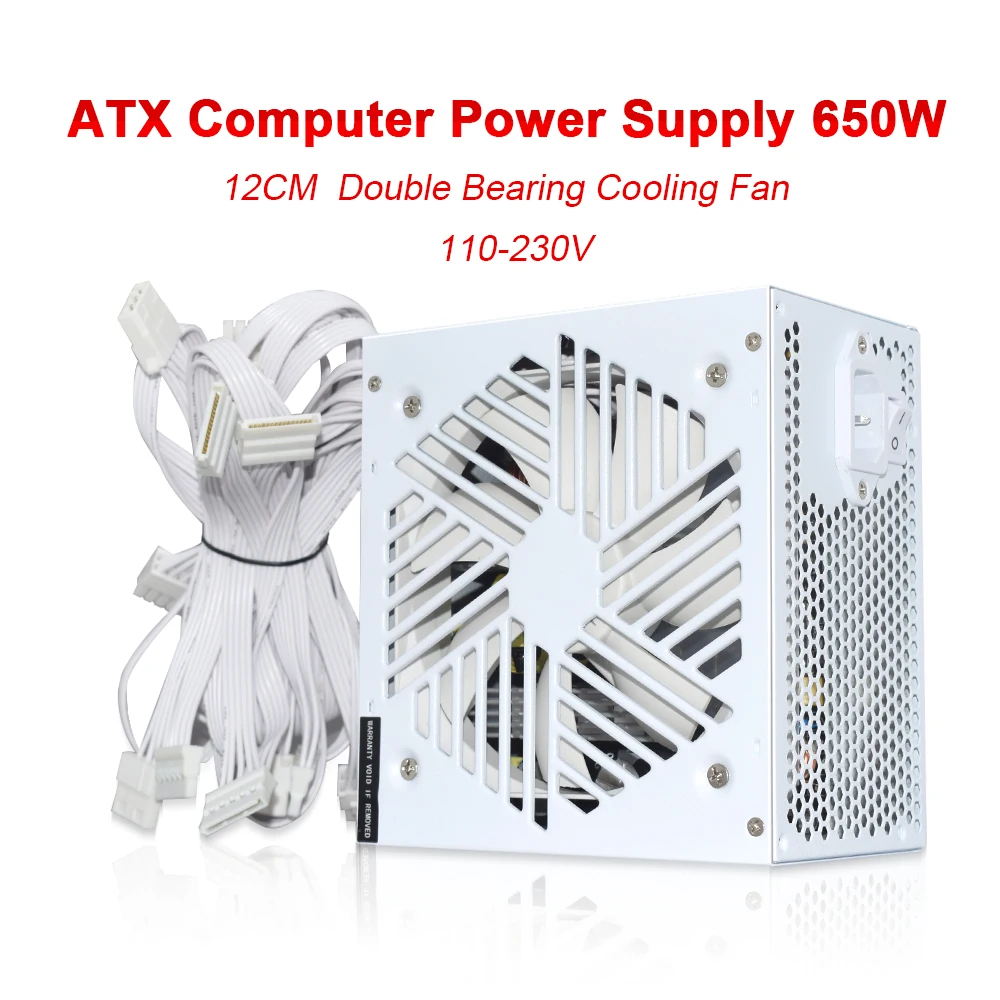 Fuente de alimentación blanca de 110-264V, 20 + 4 pines, 650W, para deportes electrónicos, videojuegos, ordenador, PSU, ATX-650W, 12CM, ventilador de refrigeración de bajo ruido