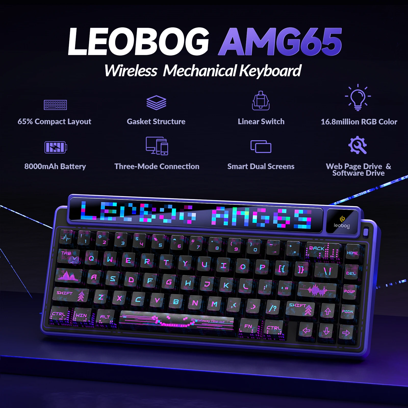 LEOBOG-Teclado mecánico multimodo AMG65, estructura de junta de intercambio en caliente de doble pantalla TFT personalizada, interruptor silencioso, teclado de bajo ruido - imagen 2