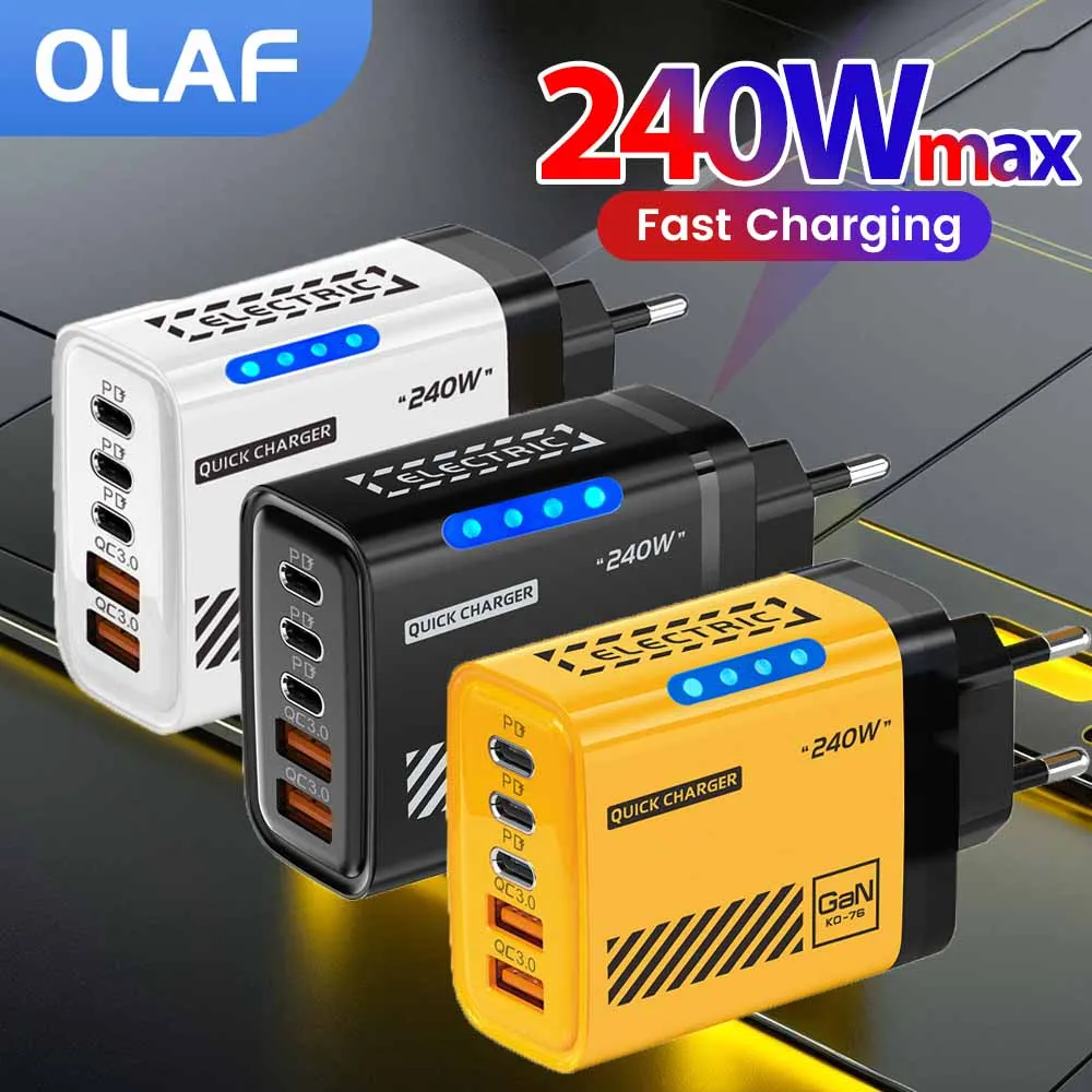Cargador rápido de 240W tipo C carga rápida 3,0 5 puertos USB C adaptador de cargador de pared para iPhone 15 16 Samsung Xiaomi PD cargador rápido USB