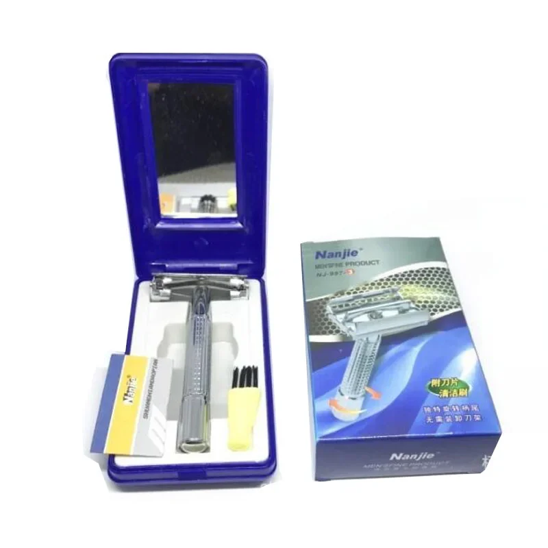 Maquinilla de afeitar clásica 2 en 1 para hombre, maquinilla de afeitar Manual de doble filo, cuchilla de depilación, recortadora de barba, afeitadora con estuche de espejo de viaje NJ-997 - imagen 4