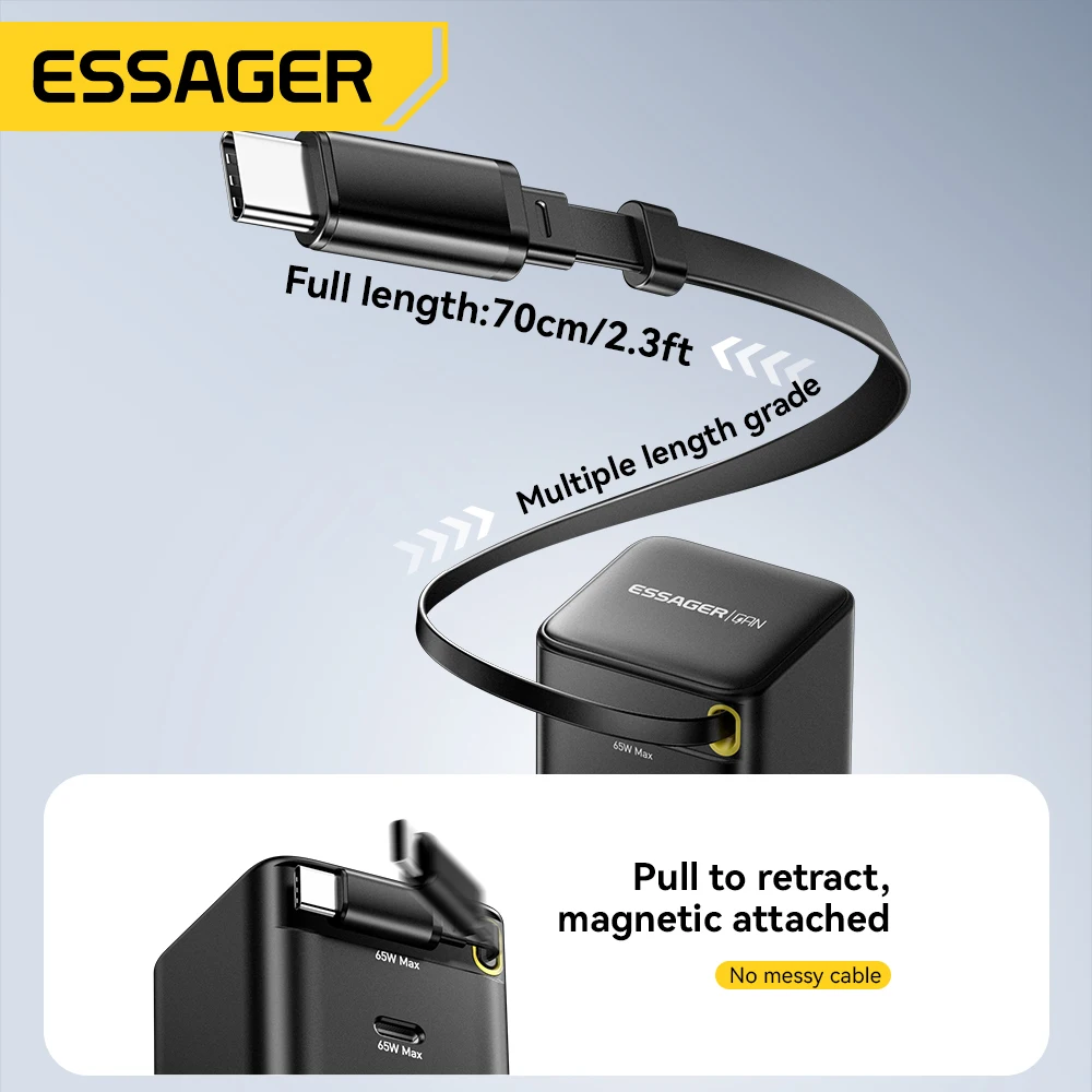 Cargador Essager 65W GaN con Cable Flexible retráctil PD carga rápida para iPhone 16 15 portátil Macbook tipo C cargador de teléfono - imagen 4