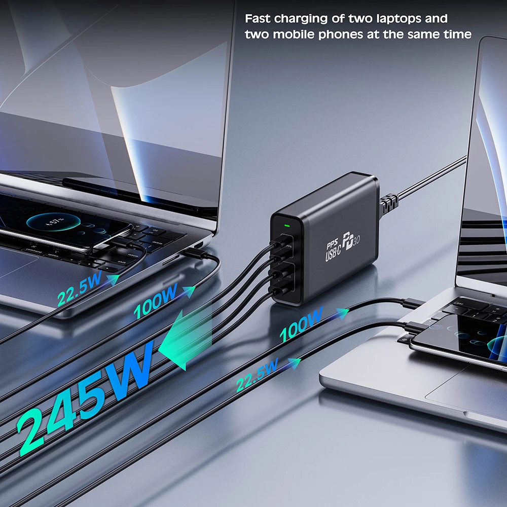 245W USB C Power Adapter 4 Ports GaN Desktop Charging Station PD100W PPS45W Fast Charger for MacBook iPhone 15 Samsung S23 Ultra - imagen 2