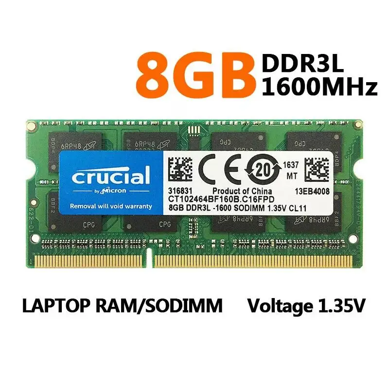 1/2pc Crucial 8GB Laptop RAM 16GB Kit (8GBx2) DDR3/DDR3L 1866 MT/s (PC3-14900) SODIMM sin búfer Memoria de 204 pines-CT2K 102464 BF186D - imagen 3