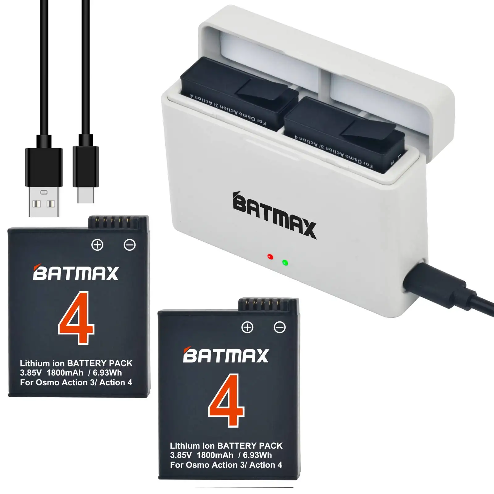 Batería Batmax de 1800mAh para batería Osmo Action 4 + caja de cargador doble para DJI Osmo Action 4, accesorios para cámaras deportivas Osmo Action 3