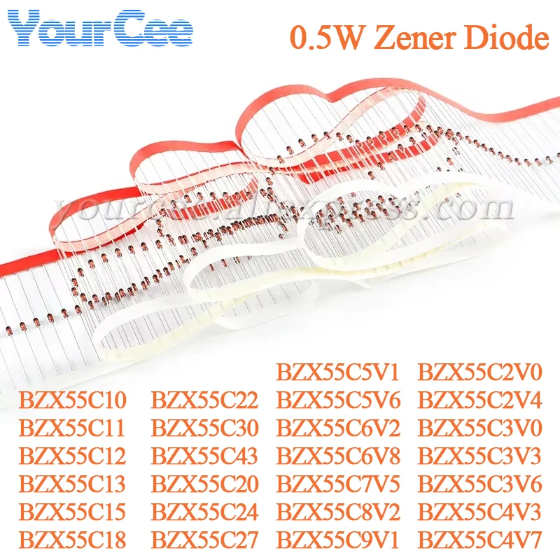50 unids/lote 0,5 W diodo Zener DO-35 BZX55C10 BZX55C2V0 BZX55C2V4 BZX55C3V0 BZX55C3V3 BZX55C3V6 BZX55C4V3 BZX55C4V7 BZX55C5V1 BZX55C3V4 BZX55C