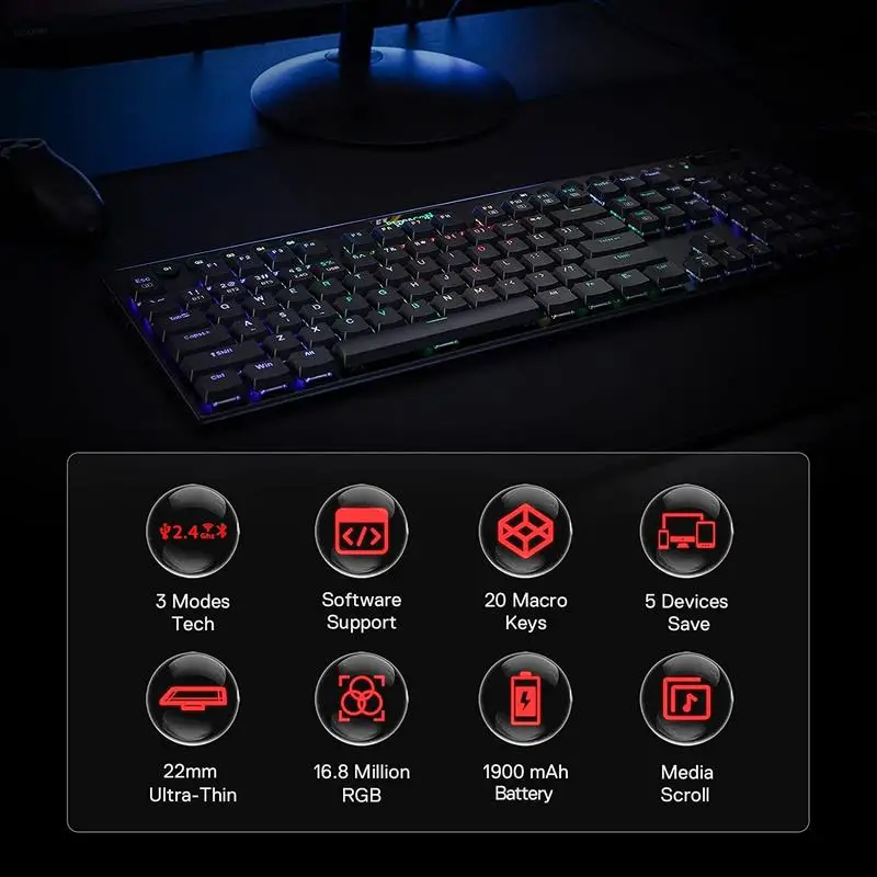 Teclado mecánico RGB inalámbrico Redragon K618 Horus, teclados para juegos Bluetooth/2,4 Ghz/con cable de perfil bajo, interruptor marrón/azul - imagen 5