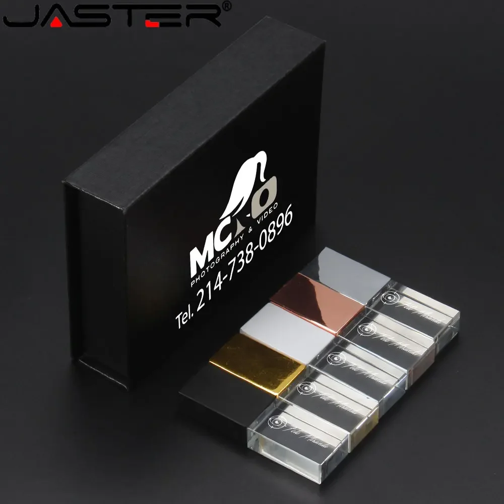JASTER nueva unidad Flash USB 2,0 cristal negro dorado con caja de regalo negra 64GB 32GB 16GB logotipo personalizado gratis regalo de fotografía de boda - imagen 2