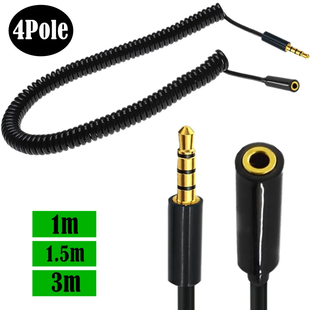 Conector de extensión 3,5mm 4 3 polos TRRS a TRRS macho a hembra auriculares Audio estéreo AUX Cable en espiral con resorte - imagen 3