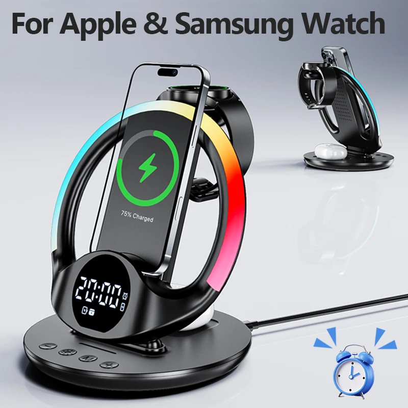 Luz RGB y cargador inalámbrico 6 en 1, soporte de reloj despertador para iPhone 17 ~ 12, Samsung, Apple y Galaxy Watch, Airpods 4/3 Pro Buds3/3 Pro