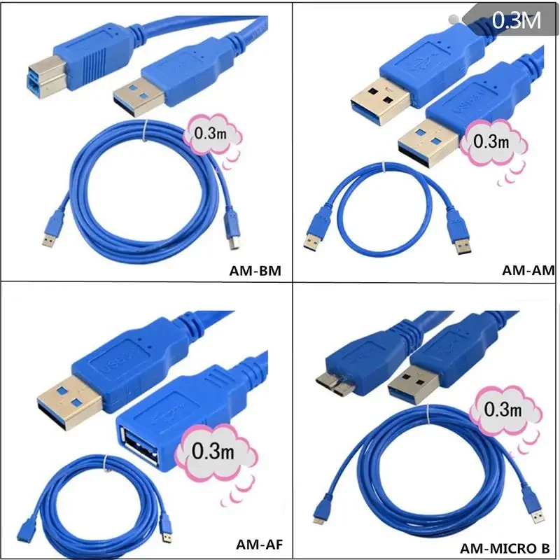 Cable de extensión de impresión de alta velocidad USB 3,0 AMAF BM, Cable de disco duro móvil, Cable de datos de transmisión de alta velocidad de 0,3 m-5m
