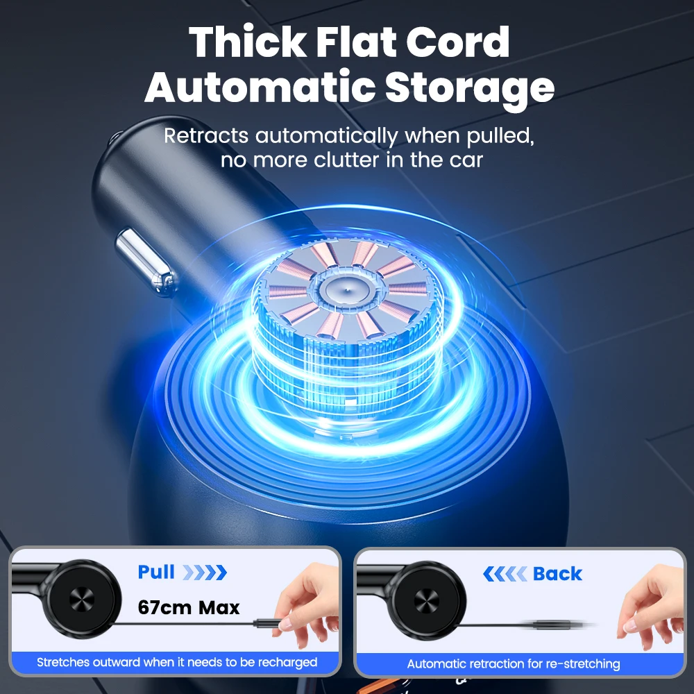 Cargador de coche de 3 puertos 78W con Cable de datos retráctil PD30W QC3.0 adaptador de cargador de teléfono de coche para iphone Samsung Huawei Xiaomi - imagen 5