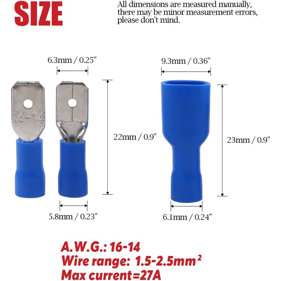 100 Uds 50 pares 6,3mm 16 14AWG hembra macho conector de cableado eléctrico Terminal de engarzado aislado pala azul - imagen 3