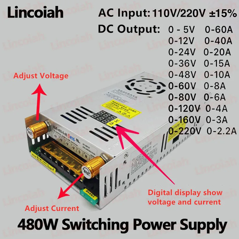 Fuente de alimentación ajustable 5-300V 480W con pantalla digital