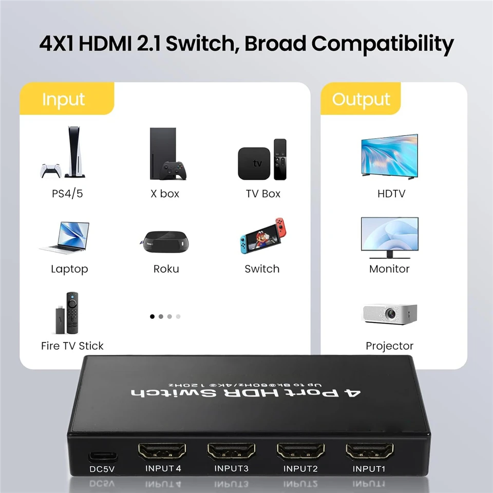 Navceker-conmutador HDMI 2,1, 8K, 60Hz, 4K120Hz, compatible con HDMI, 4 en 1, salida con convertidor de Control remoto para monitores Xbox PS5 - imagen 3