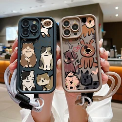 Funda de cuerda con cordón de silicona para IPhone 11 12 13 14 15 Pro Max XR XS X 7 8 Plus SE, funda suave con correa de mano con grafiti de gatos divertidos