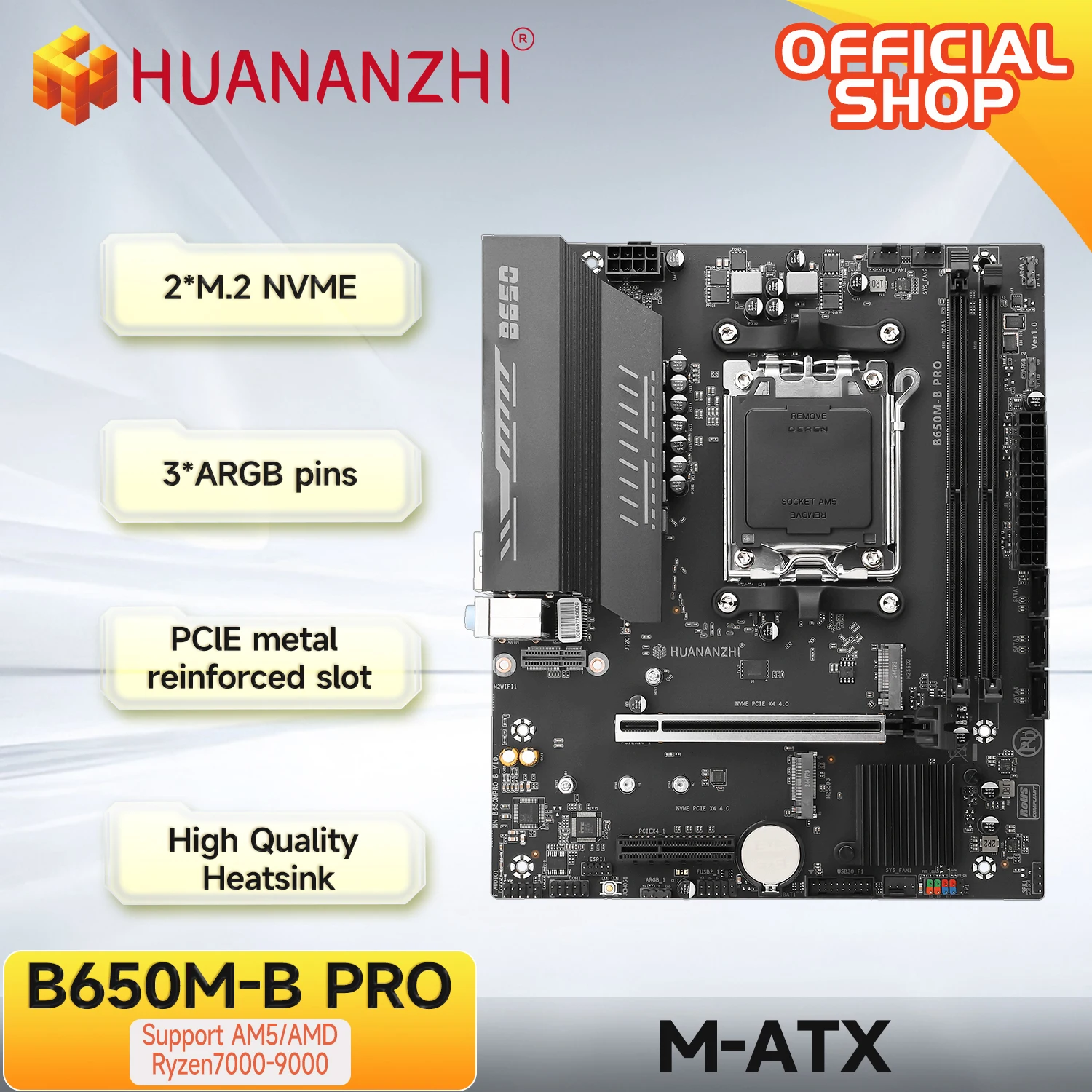 Placa base HUANANZHI B650M B PRO AMD AM5, compatible con Ryzen R5 R7 7000 8000 9000 Series M.2 NVME WIFI de doble canal DDR5 EXPO RAM