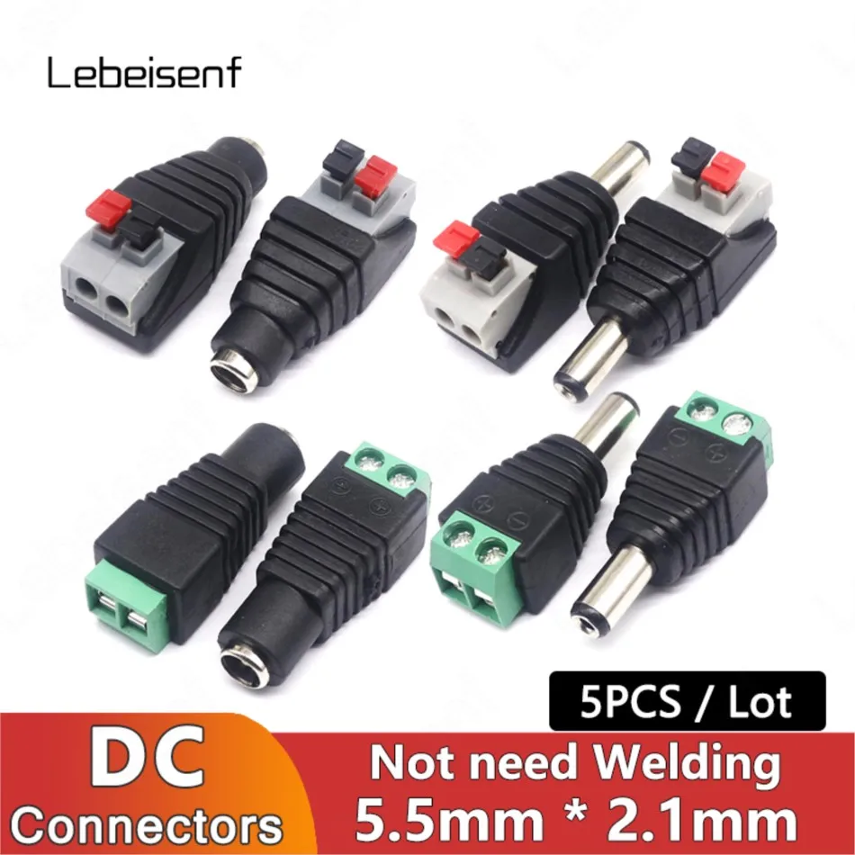 5 uds DC 5521 conector sin soldadura 5V 12V 24V 48V cable a macho hembra DC pernos de puerto prensa para controlador de controlador de tira LED CCTV