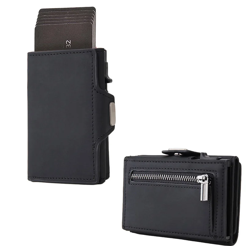 Cartera delgada de Metal de aluminio para hombre, tarjetero con cremallera, cartera emergente de cuero PU RFID para tarjetas y monedas, compras para hombre