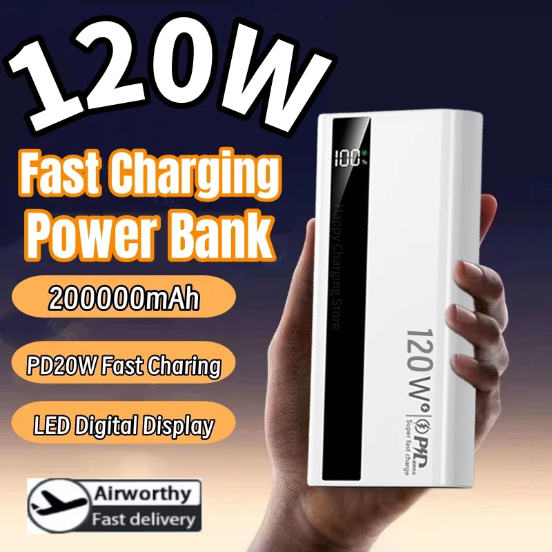 120W 200000 Banco de energía de alta capacidad mAh, carga súper rápida, pantalla Digital, banco de energía portátil para iPhone, Xiaomi, Samsung 2025