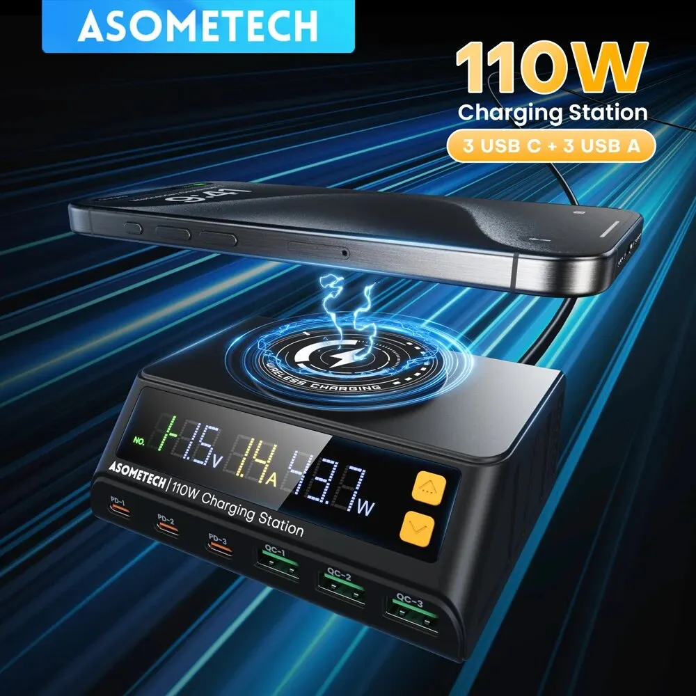 Cargador USB 7 en 1 de 110W con estación de carga inalámbrica PPS PD USB tipo C cargador rápido para ordenador portátil iPhone 15 14 Samsung S23 Ultra