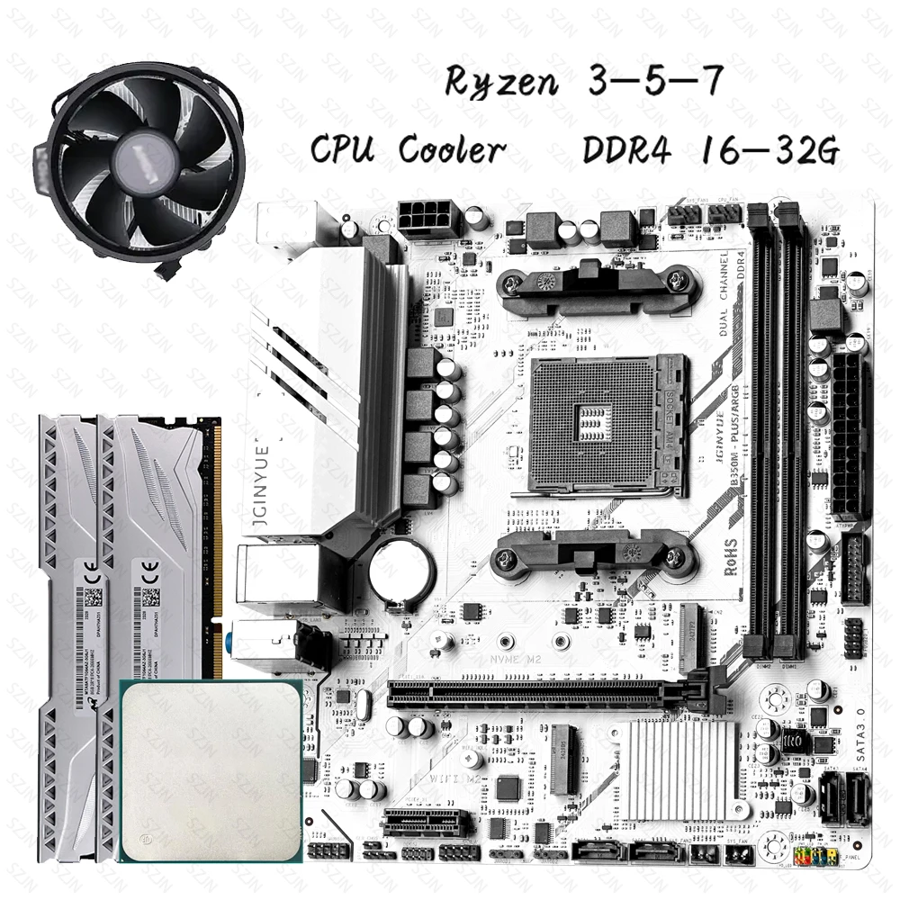 Juego de placa base JGINYUE B350M con enfriador de CPU AMD Ryzen 3/5/7, DDR4, RAM de doble canal, compatible con M.2 NVME ARGB, Kit de juegos de ordenador