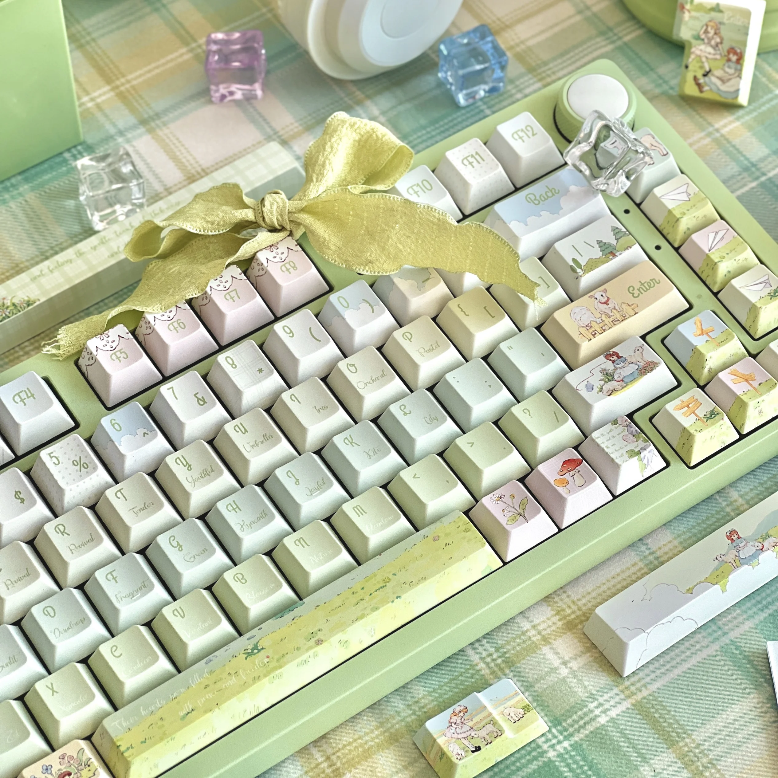 Teclas de campo de primavera de cuento de hadas, perfil de cereza, sublimación PBT, estilo rústico verde claro, teclas personalizadas para teclado mecánico - imagen 3