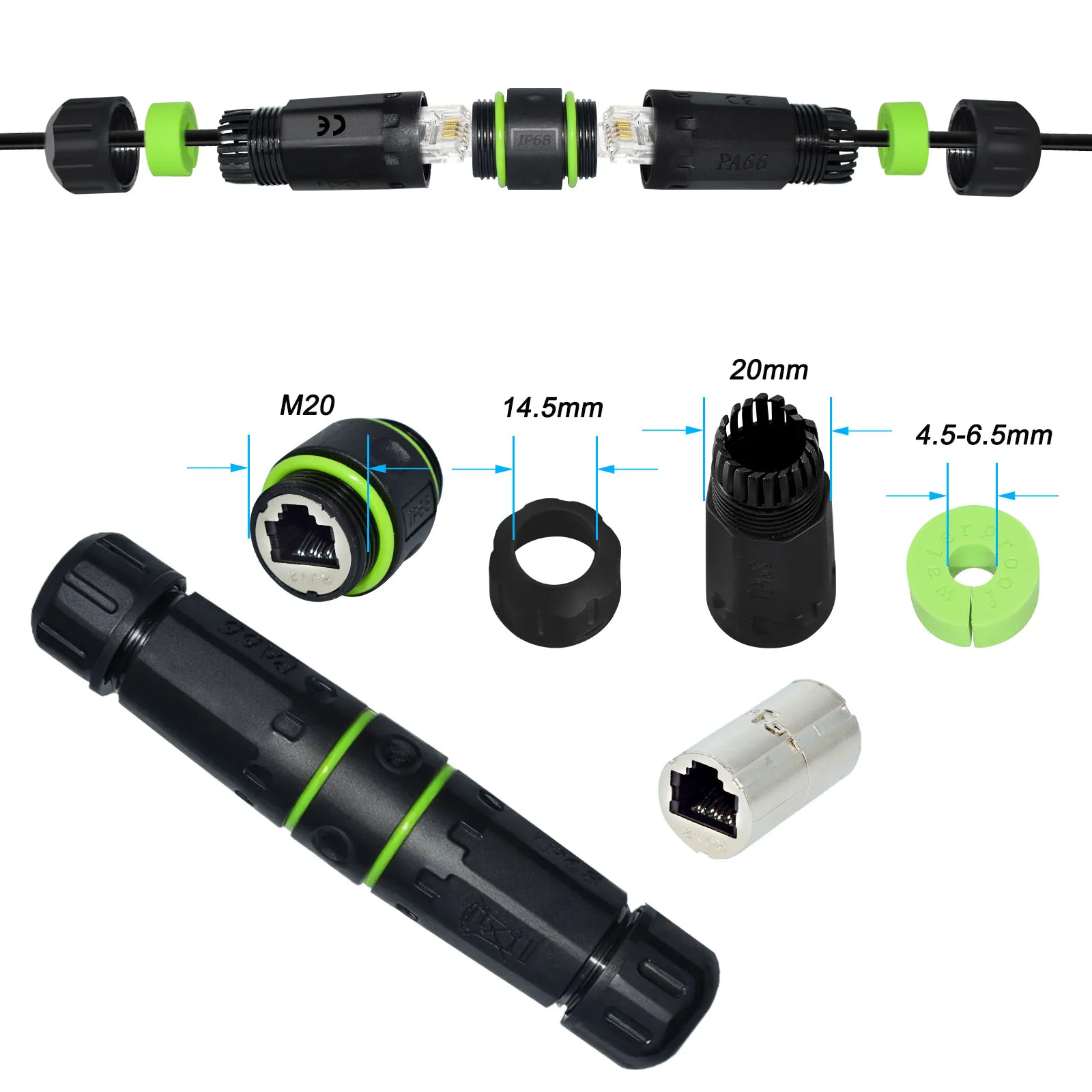 Acoplador RJ11 impermeable, conector de montaje en Panel RJ11/RJ12 6P6C hembra a hembra CAT3 RJ12 compatible con enchufe de línea telefónica para exteriores - imagen 2