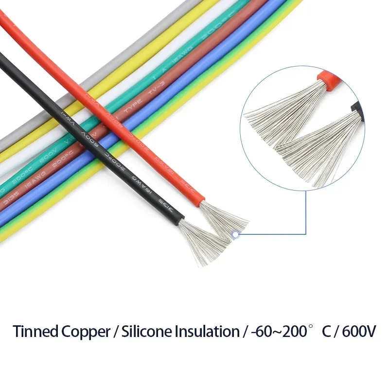 Cable de aislamiento de silicona UL3135 de cobre estañado, resistente a altas temperaturas, 30, 28, 26, 24, 22, 20, 18, 16, 14, 12, 10 AWG, 1/5/10M - imagen 2