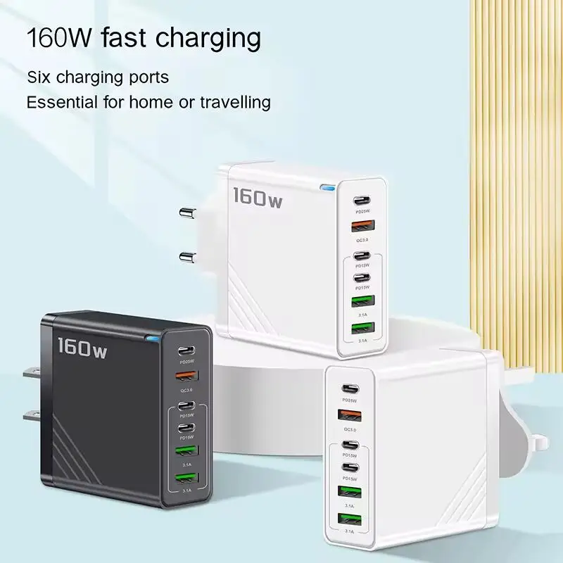 Total 160W 6 puertos carga rápida QC3.0 cargador de viaje para iPhone 16 15 Samsung Xiaomi UE EE. UU. Reino Unido enchufe adaptador de pared para teléfono móvil - imagen 2