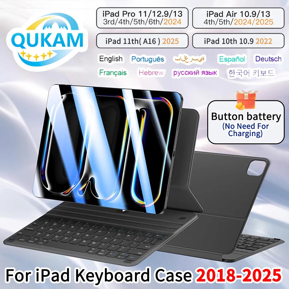 Teclado mágico QUKAM 2025 para iPad A16, teclado inalámbrico Bluetooth para iPad Air 11 13 M3 M2 Air 4 5 Pro 11 12,9, funda para iPad con soporte