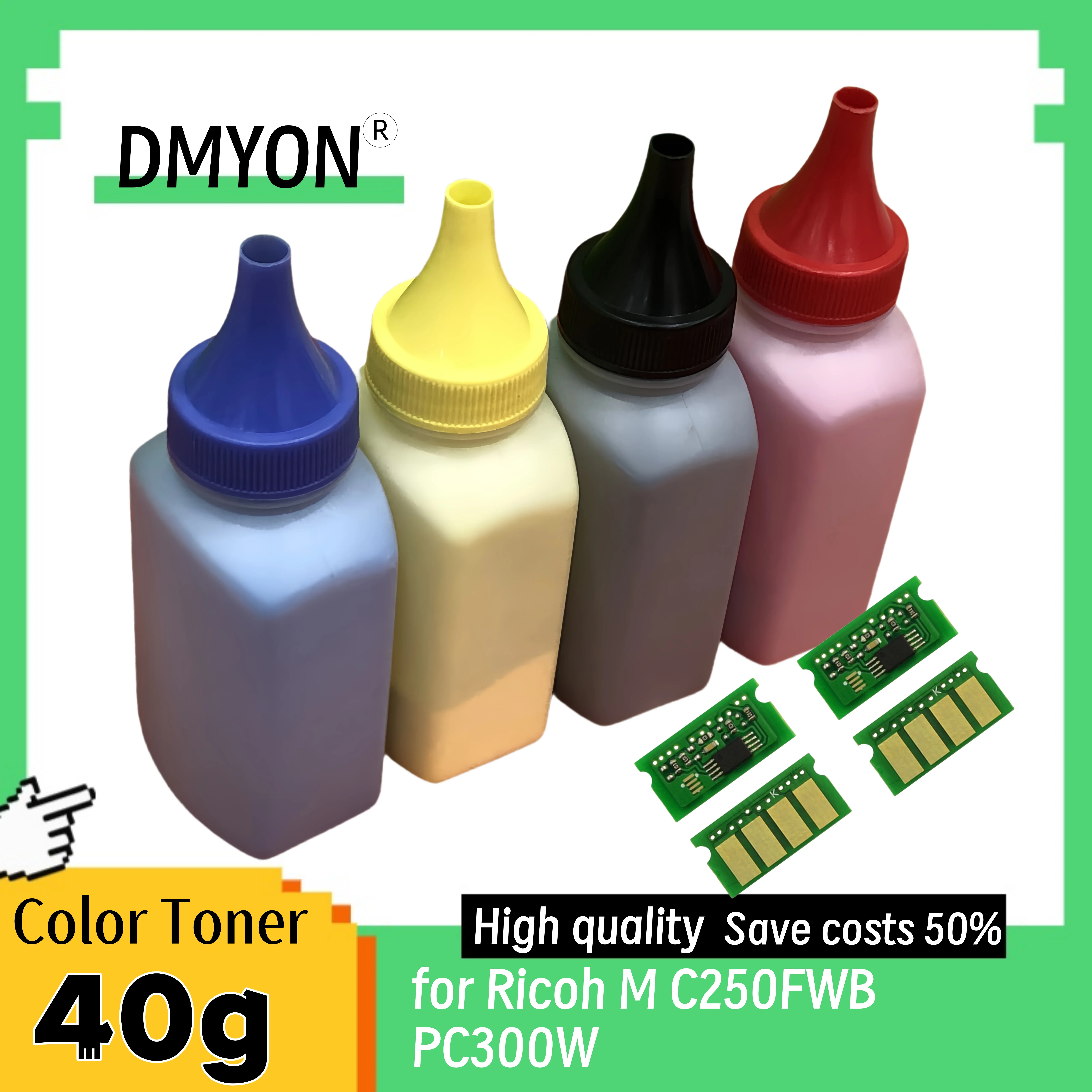 Chip de apoyo de cartucho de tóner DMYON y polvo de tóner para impresora láser Ricoh M C250FWB PC300W