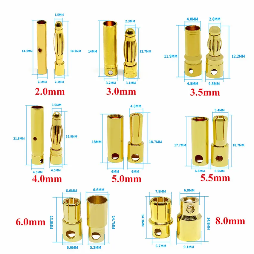 1 par 2/3.0/3.5/4/5.0/5.5/6.0/8.0MM RC batería chapada en oro conector Banana tipo bala conector Banana macho hembra de alta calidad - imagen 2