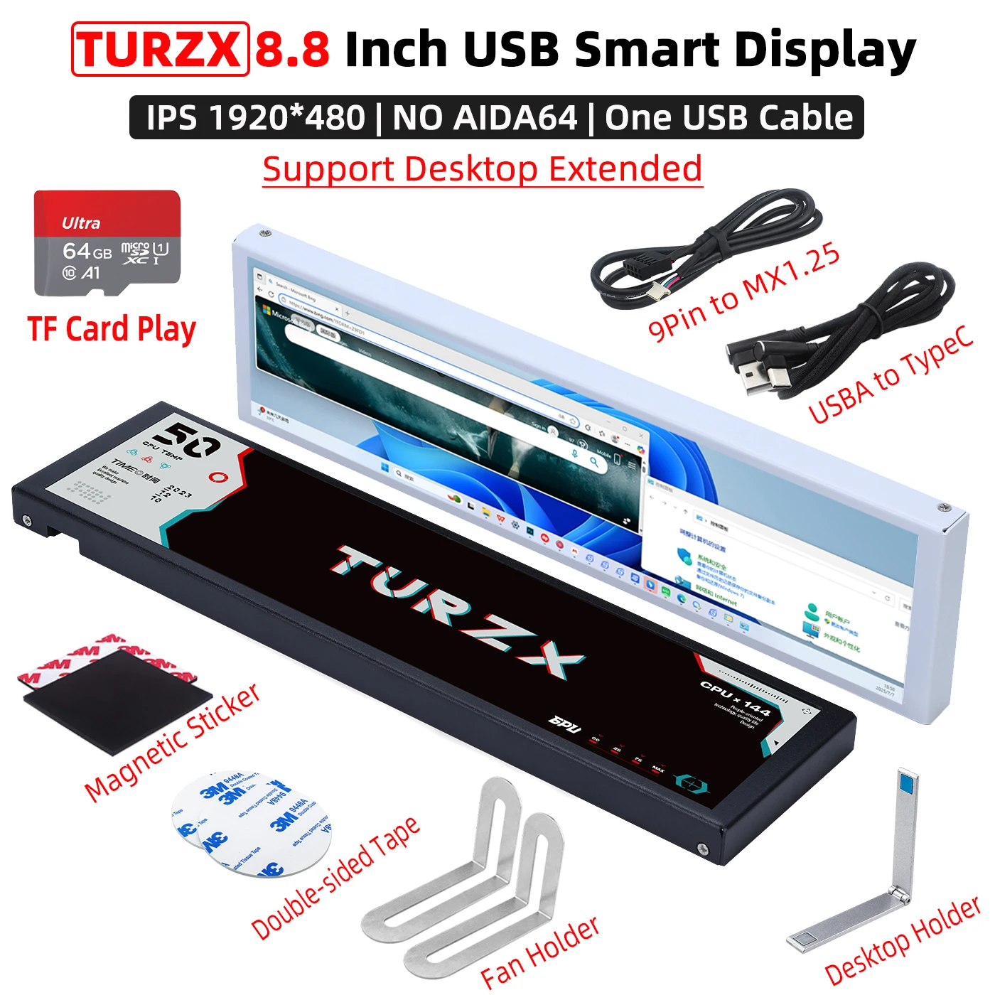TURZX pantalla inteligente de 8,8 pulgadas pantalla secundaria USB tipo C escritorio reproducción extendida tarjeta TF 1920*480 IPS LCD CPU RAM GPU FPS Monitor - imagen 2